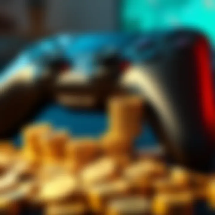 A pile of gold coins next to a gaming controller, highlighting the contrast between gold investment and gaming experiences like Atlas Earth