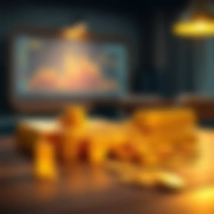 A collection of gold bars and coins arranged on a wooden table, symbolizing investment in gold