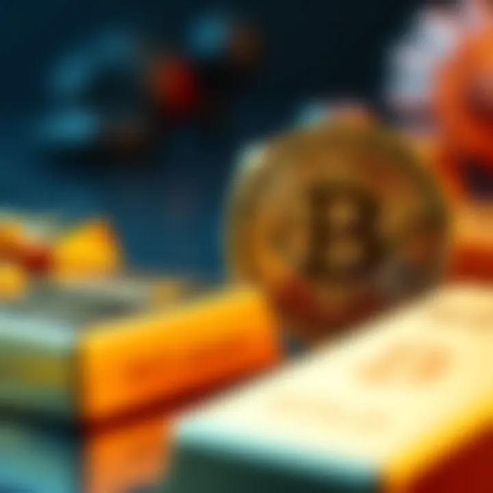 A collection of gold bars next to shiny Bitcoin coins, representing the comparison of assets.