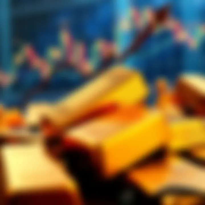 Gold Market Challenges Gold bars with a declining chart, symbolizing market pressure and resistance at the 100 EMA level due to a strong dollar and geopolitical tensions.