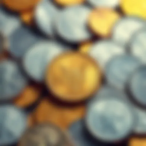 A collection of gold and silver coins displayed for sale, including 90% silver coins and Morgans.