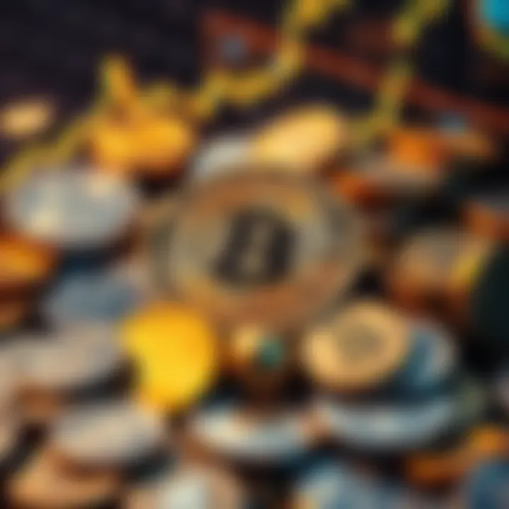 A collection of gold and silver coins surrounded by a graph showing a downward trend in cryptocurrency values