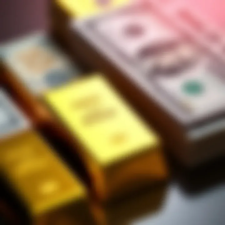 Close-up of shiny gold bars next to stacked dollar bills, illustrating the gold trading market