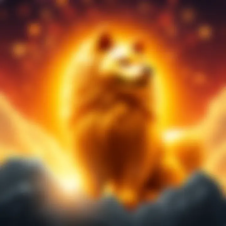 Golden Inu symbolizing financial success and emotional stability, reaching a quadrillion valuation with a bright, cosmic background.