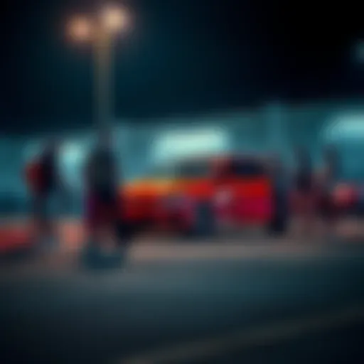 A group of car enthusiasts discussing the Golf 7 Mod_GKkK around a modified car in a parking lot.