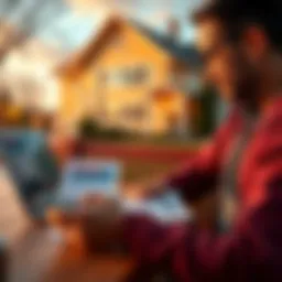 A person reviewing insurance documents with a calculator and a laptop, comparing Goodville Mutual Insurance and State Farm, with a house in the background.