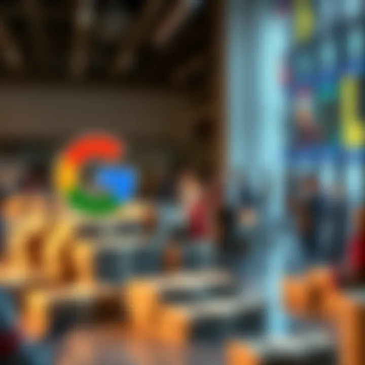A graphic showing Google logo with stacks of money and diverse people representing AI workers being trained in tech skills.