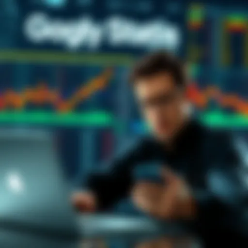A Google engineer, facing charges for insider trading, looks worried while reviewing financial data on his laptop, with Polymarket logo in the background.