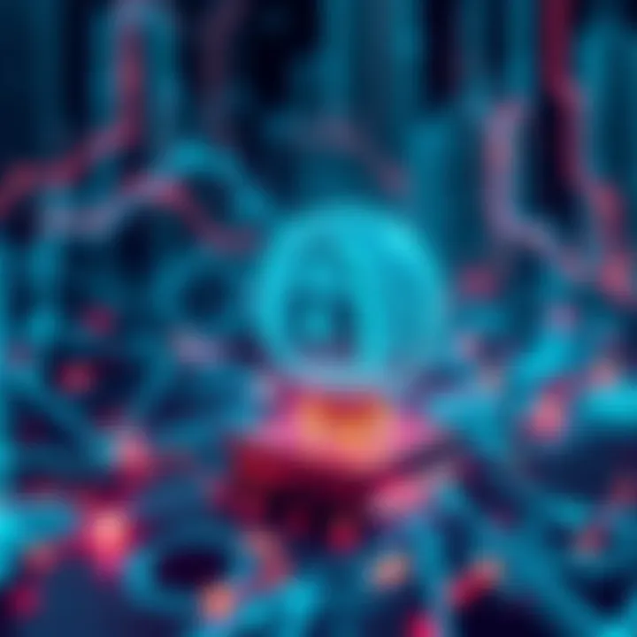 An illustration showing Quantum AI technology interacting with blockchain graphics, symbolizing improved security measures against quantum threats.