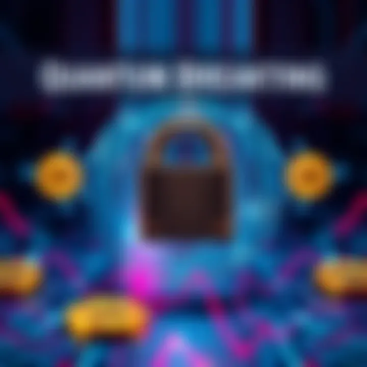 Depiction of quantum computing with Bitcoin symbols and a lock, illustrating security concerns over Satoshi's Bitcoin stash.