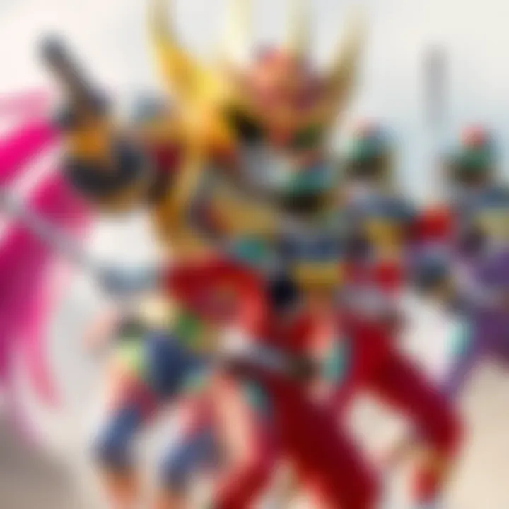 Goseiger Team in Action The Goseiger team, featuring colorful costumes and dynamic poses, face off against the villain Brajira with Gosei Knight nearby.