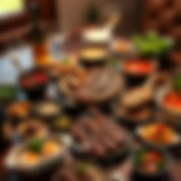 A lavish spread of gourmet meats and side dishes on a dining table, showcasing a transition from simple ramen to extravagant meals.