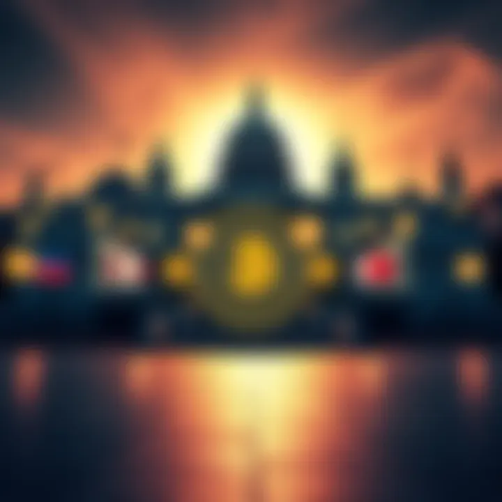 A graphic showing various government buildings with Bitcoin symbols, representing 13 countries involved in Bitcoin mining.