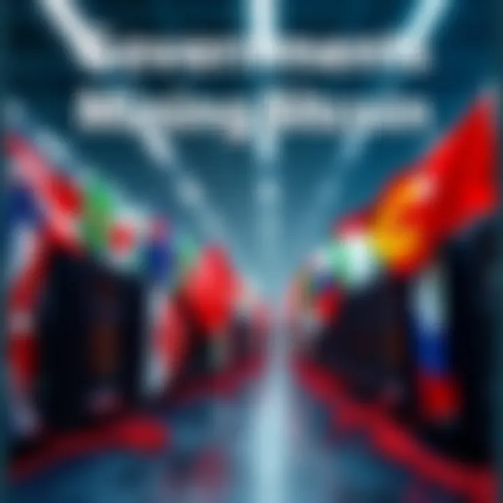 A graphic showing various country flags alongside mining rigs symbolizing government involvement in Bitcoin mining.