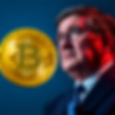 Governor J.B. Pritzker standing next to a Bitcoin symbol, looking concerned about cryptocurrency awareness.