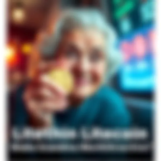 An elderly woman smiling while holding a Litecoin coin, surrounded by playful graphics that represent cryptocurrency and charm, conveying a lighthearted vibe