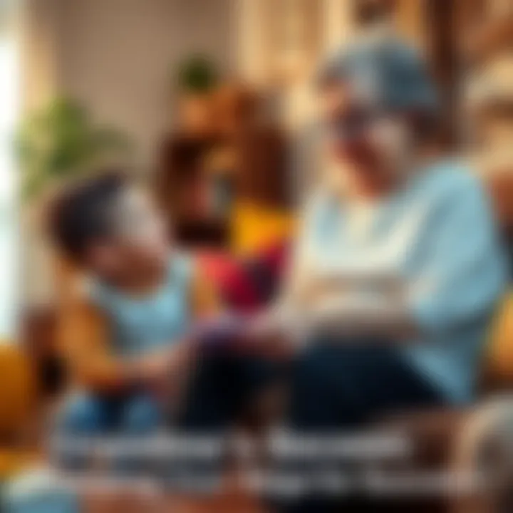 A grandmother sitting with her grandchild, sharing advice about money and investments, with a warm smile and a cozy living room setting.