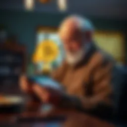 An elderly man sitting at a table, examining Bitcoin information on a tablet, with a curious expression.