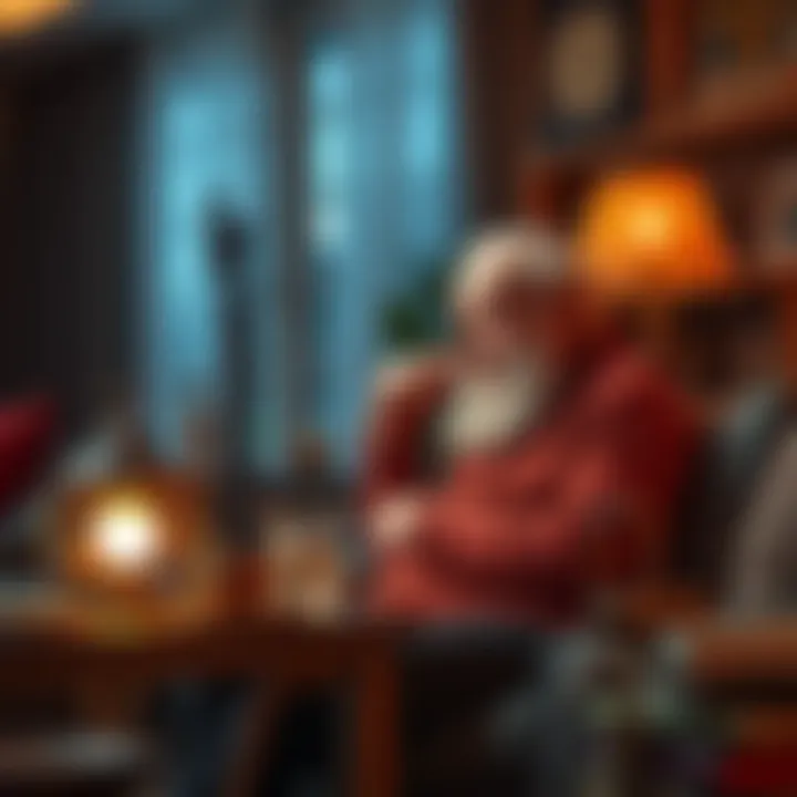 An elderly man sits in a cozy living room, contemplating a digital currency transaction, with a thoughtful expression on his face. There are nostalgic items around him, hinting at his past experiences with investments.