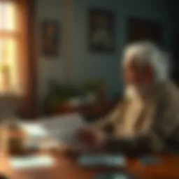 A worried grandson facing his elderly grandpa, sitting at a table with financial documents, conveying distress over a failed investment