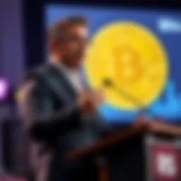Grant Cardone discussing Bitcoin's future Grant Cardone in a suit speaking at a podium about Bitcoin's potential as a currency