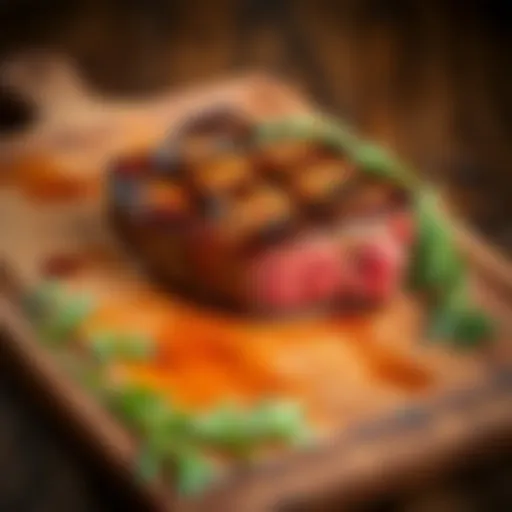 A perfectly cooked 100% grass-fed steak on a wooden cutting board, showcasing its rich color and texture with fresh herbs beside it.