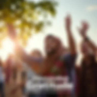 A group of people smiling and sharing moments of gratitude in a bright outdoor setting, with hands raised in joy, symbolizing thankfulness.