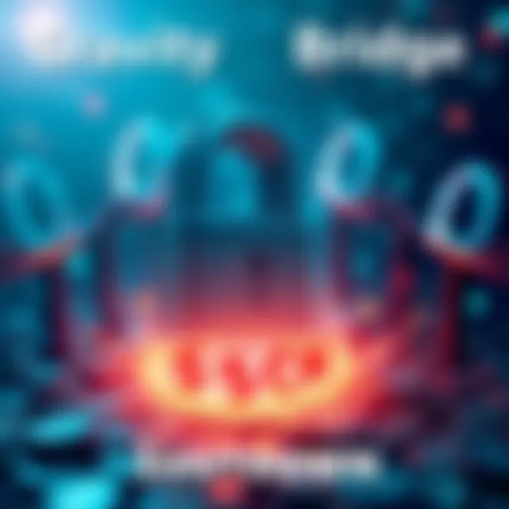A graphic showing the shutdown of the Gravity Bridge with a padlock symbol, indicating a security issue and financial loss, set against a backdrop of digital currency icons.