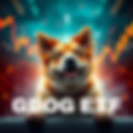 A visual representation of the Grayscale GDOG ETF launch with dog-themed graphics and stock market indicators showing a rise in activity.