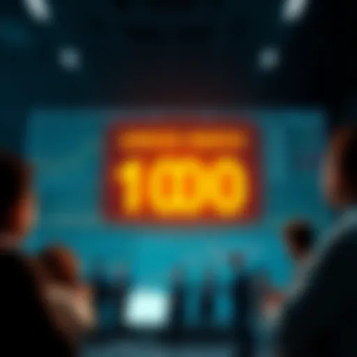 A digital display shows the Greed Index hitting 100, surrounded by worried investors looking at stock graphs and financial data.