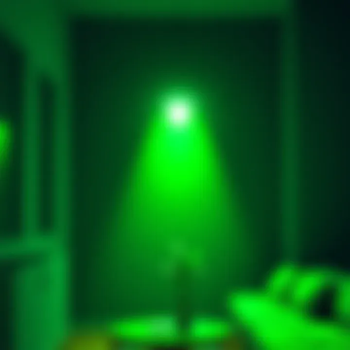 A bright green light shining in a cozy room with a plant nearby, symbolizing hope and positivity.