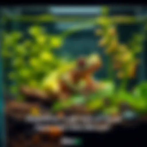 A green tree frog sitting on a leaf inside a well-maintained terrarium with plants and water