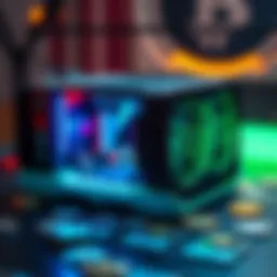 A close-up view of the GreenBit Miner, showcasing its design and features, on a table with cryptocurrency symbols around it.