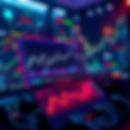 A digital representation of grid trading strategies with fluctuating market graphs and bot management tools on a screen