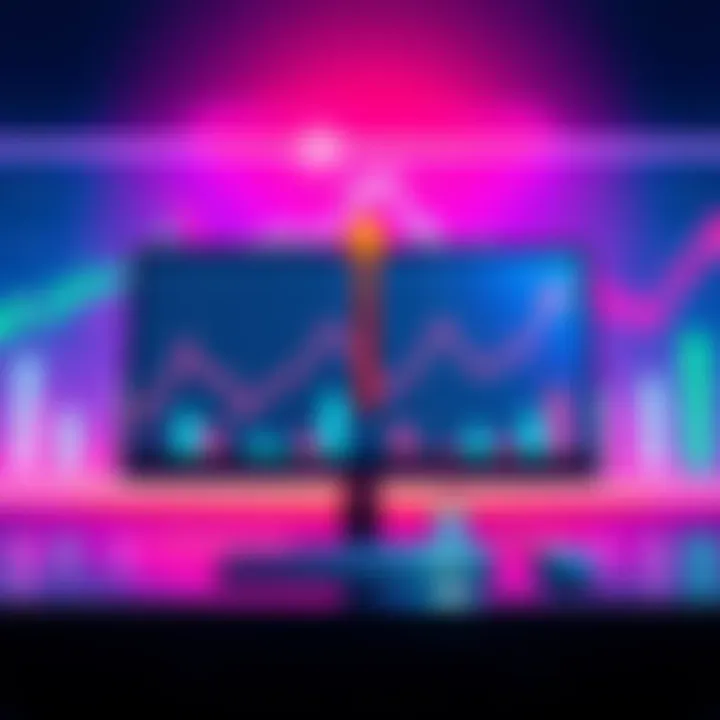 An illustration showing a grid trading chart with upward and downward arrows reflecting market trends and a computer displaying trading data.
