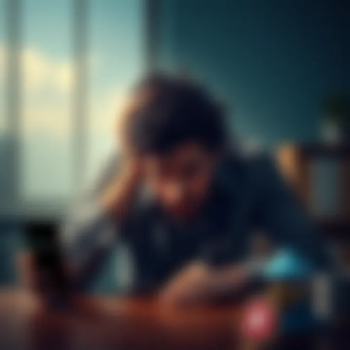 A single father sitting at a table with his head in his hands, looking exhausted and stressed while holding a phone with a Revolut logo visible, symbolizing financial struggle after losing his daughte...