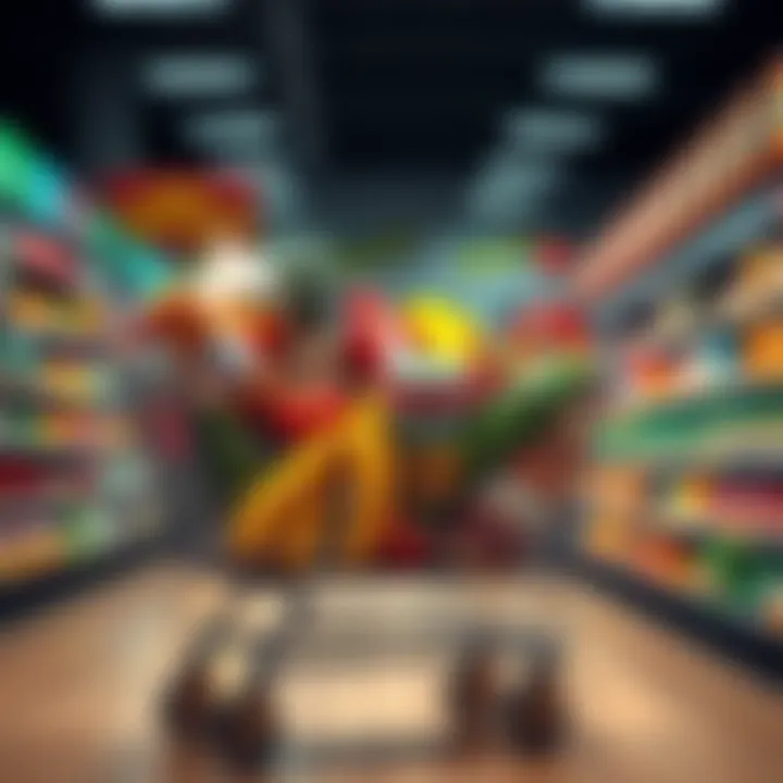 A grocery cart filled with various food items, highlighting a significant rise in grocery prices.