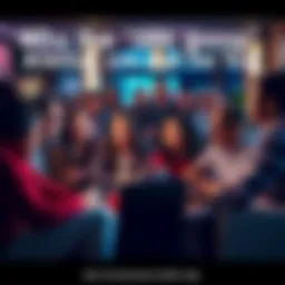 Group of people discussing strategies A diverse group of people engaged in animated discussion about online strategies in a cozy setting