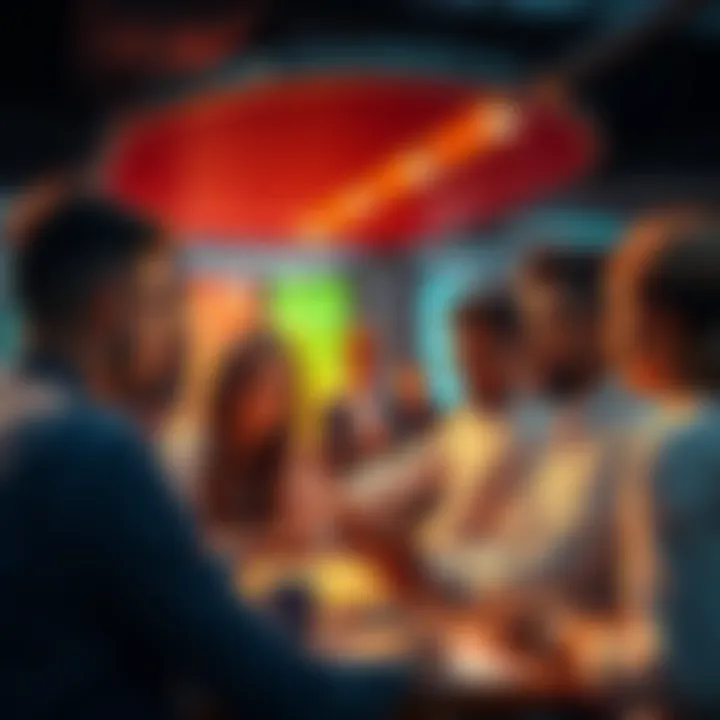 A diverse group of people engaged in a lively discussion about trading strategies and predictions in a modern setting.