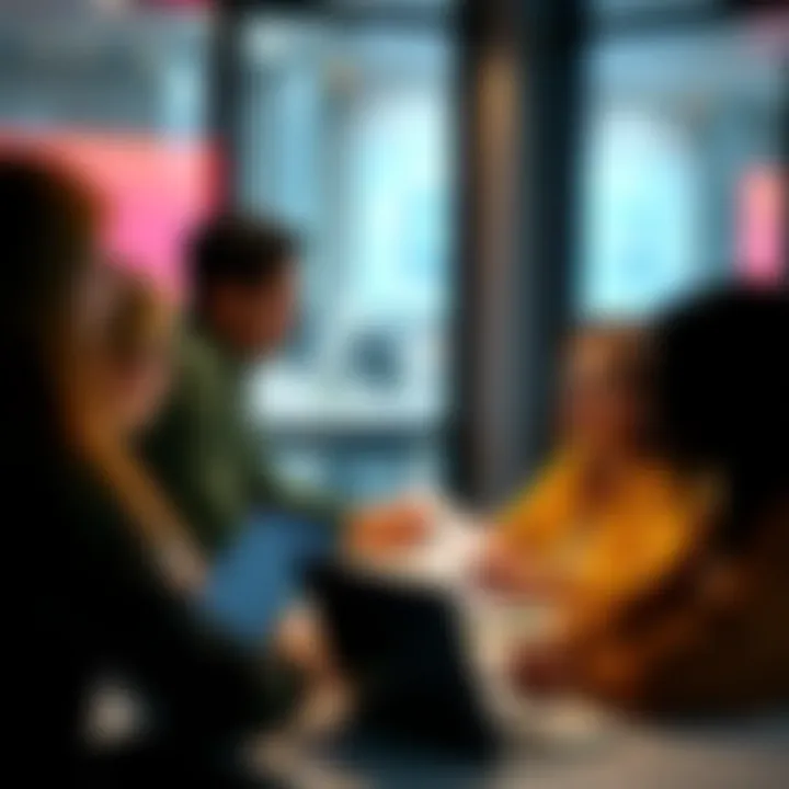 A diverse group of people engaging in a meeting, discussing challenges related to selecting a Content Management System with notes and laptops