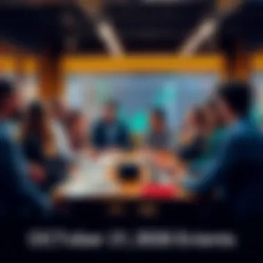 A diverse group of people engaged in a lively discussion about trading strategies and current events, with notes and charts on the table.