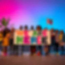 A diverse group of people stand together, proudly holding a colorful sign that reads 'We Are Here', symbolizing their unity and presence in the community.