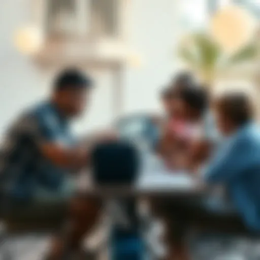 A group of people gathered around a table discussing money matters for their upcoming trip