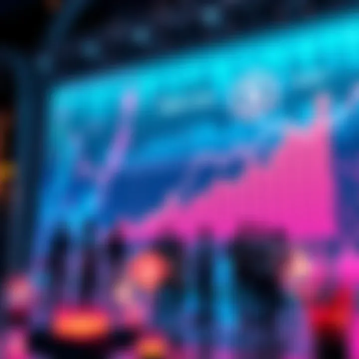 A visual representation of decentralized finance with graphs showing growth and people discussing finance in a digital space.