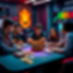 A group of AE players discussing strategies, with badges and game parcels on a table, showcasing growth tips.