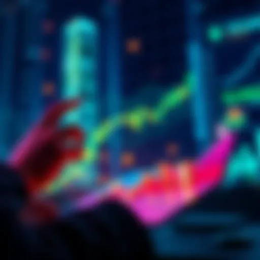 A visual representation of financial growth in decentralized finance, showing a person analyzing charts and crypto symbols, with a goal of reaching a million dollars.