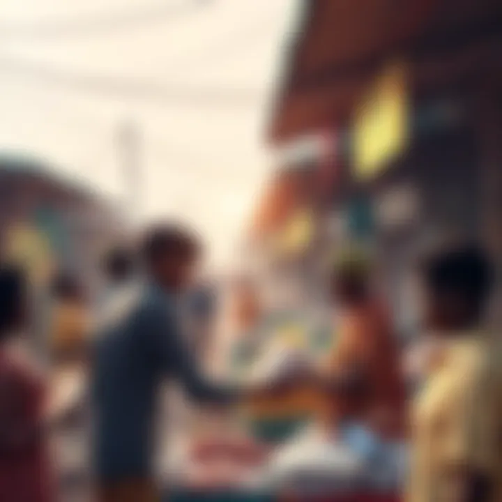A vibrant market scene in Nigeria with people engaging in digital transactions and discussing cryptocurrency, symbolizing the rise of Pi Network among merchants and users.