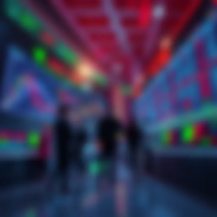 Growth of Stock Trading A stock market chart showing an upward trend, with people discussing trading strategies in the background.