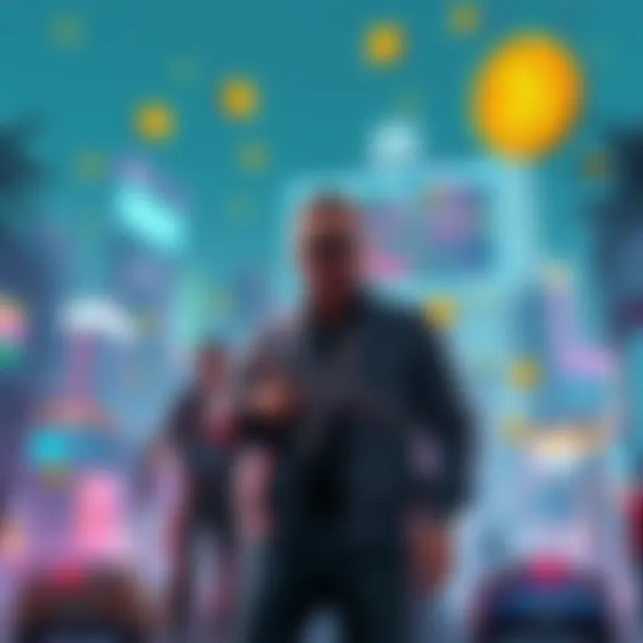 A vibrant game scene from GTA6 showcasing players trading unique in-game items using NFTs, with digital currency symbols in the background