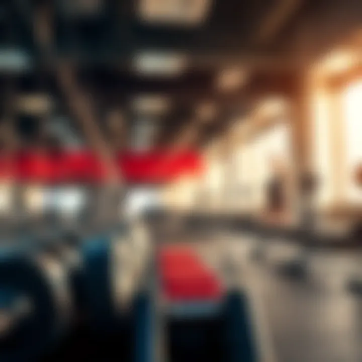 A variety of gym equipment including dumbbells and a bench in a well-lit gym setting, symbolizing a 5-day workout routine.